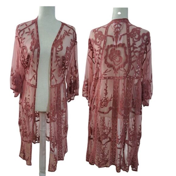 Lauren Conrad Women's Dusty Rose Lace Mesh Duster open Cover OS - Picture 7 of 9